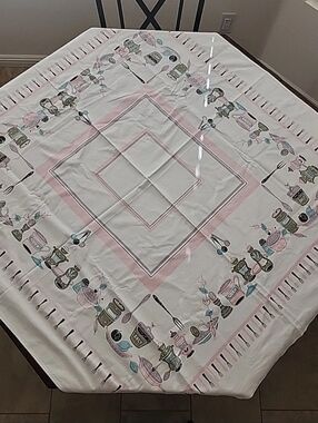 Vintage 1950s Printed Tablecloth – Pink & White Kitchen Pattern Mid Century